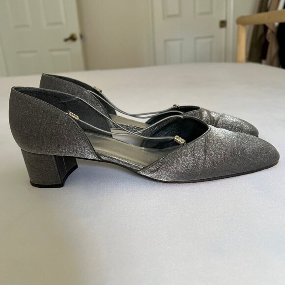 Stuart Weitzman Silver Sparkle Charm Block Heels Size 9B